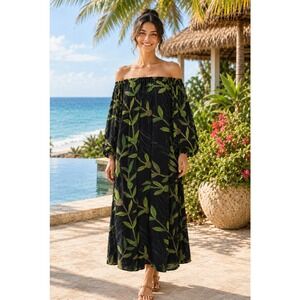 NWT LEXBREEZY HAWAII Ti Leaf Off Shoulder Maxi Dress lack Botanical Bamboo Large